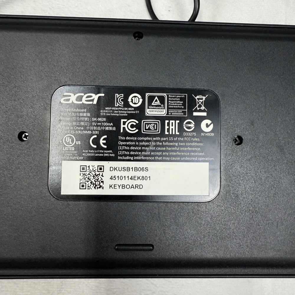 Acer SK-9626 Wired USB Keyboard Black Slim Low Profile with Number Pad